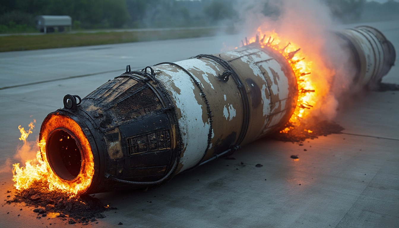 a spacex falcon 9 booster, scorched by a fierce post-landing fire, is en route to port canaveral. discover the aftermath of this intense blaze and what it means for future space missions.